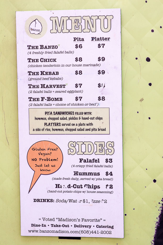 The menu from the Banzo Food Cart in Madison, Wisconsin featuring falafel, hummus, and pita sandwiches
